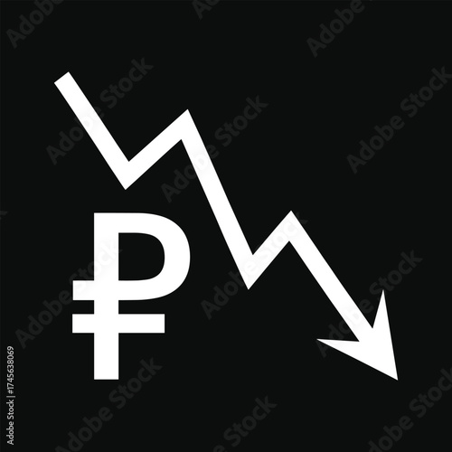 Russian Ruble Symbol Falling Downward Arrow Keywords: Russian ruble, currency, falling, arrow