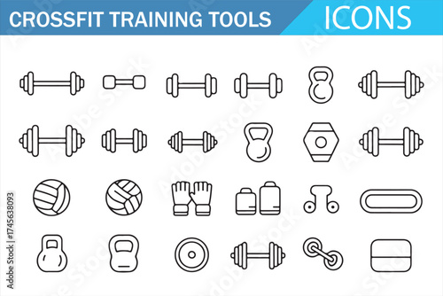 Set of CrossFit Training Tools Icons for Gym Equipment and Workouts
