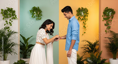 Bond of Brotherhood: A tender moment captured as a sister lovingly ties a traditional band on her brother's wrist, symbolizing love, protection, and the unbreakable bond of family.