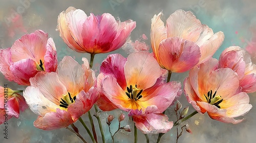 Vibrant Painterly Tulips in Pink and Orange Hues