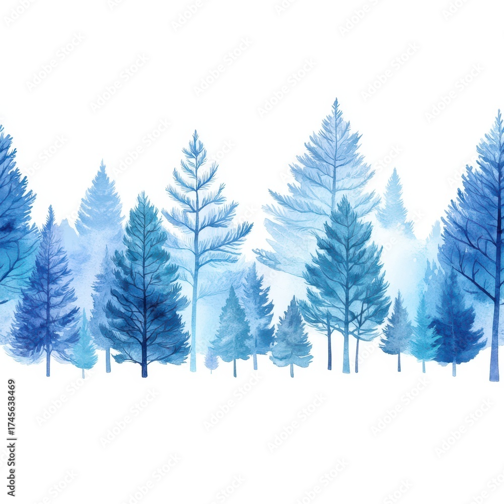 Obraz premium Blue Forest Watercolor Illustration: A serene depiction of a forest in shades of blue, perfect for evoking a sense of calm and natural beauty.