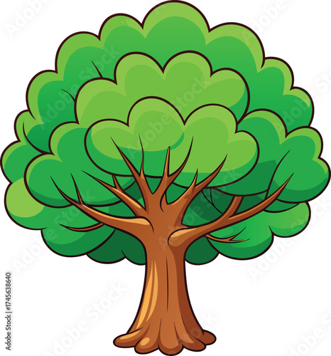 Vibrant cartoon illustration of a large leafy deciduous tree with a sturdy brown trunk