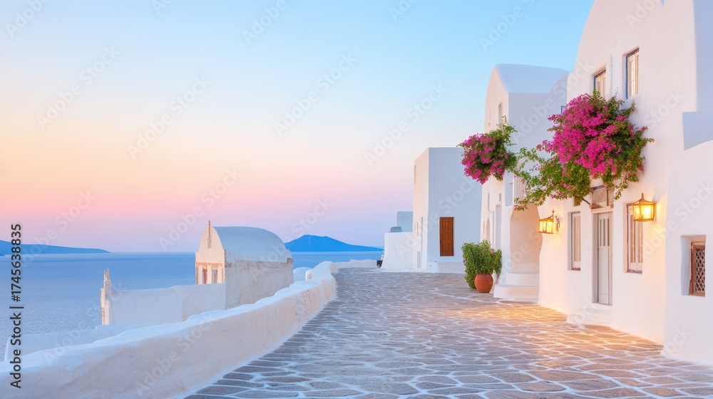 Fototapeta premium Coastal Serenity: An idyllic scene unfolds in a coastal town with whitewashed buildings, with the stunning sea and sky blending in the distance. Capturing the tranquil atmosphere of a perfect day.