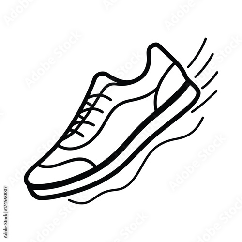 Dynamic line art illustration of a running shoe in motion with speed lines