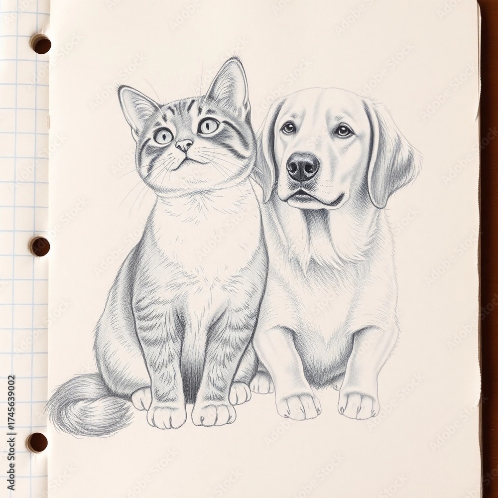 Obraz premium Cat and Dog Pencil Drawing 