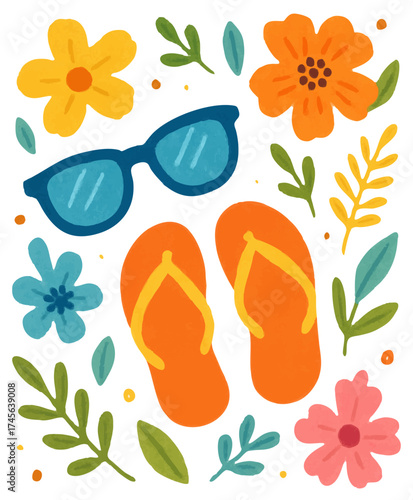 Bright summer composition with orange flip flops, blue sunglasses, and colorful tropical flowers, cheerful vacation and beach vibe illustration in playful flat style. Vector illustration.