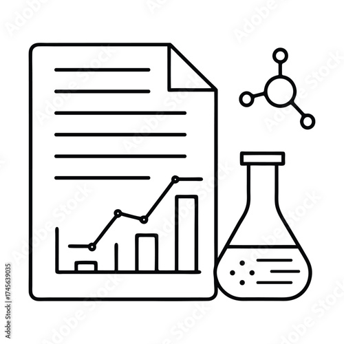 Scientific research and data analysis represented by a document with charts a laboratory flask and molecular structure