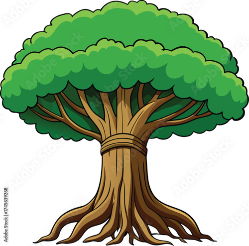 Vibrant cartoon illustration of a large mature tree with a thick trunk and lush green canopy