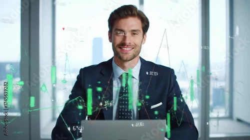 a young caucasian businessman in a navy suit intently focuses on an ultrabook laptop with overlaid financial data in a modern high-rise office, radiating market mastery concept of success