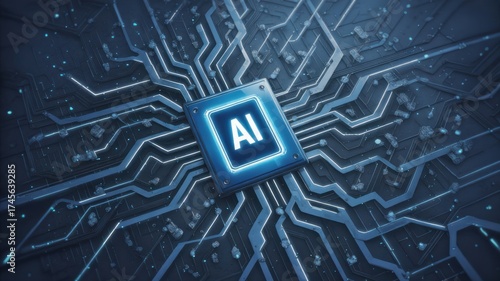 AI Chip Integration: A close-up view highlights an AI chip on a circuit board, representing the core of artificial intelligence. The image emphasizes technology, innovation.