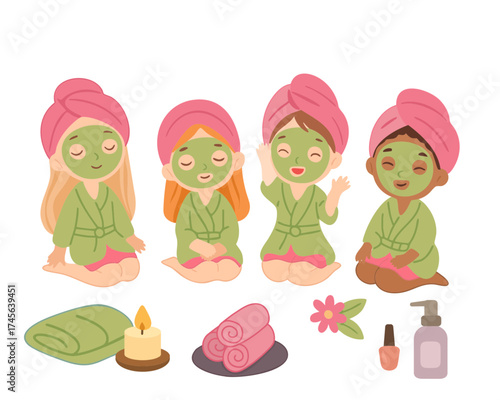 Adorable girls having spa day together with beauty masks, bathrobes, towels and relaxing skincare products, diverse self care and friendship concept in pastel colors. Vector illustration.