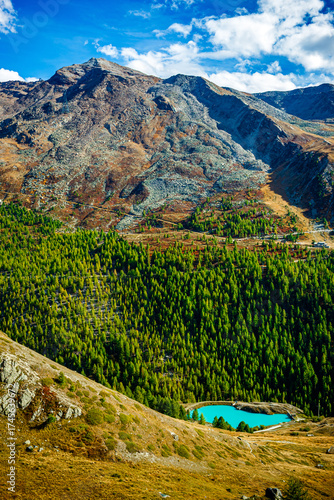 A turquoise mountain lake in an alpine valley