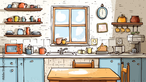 Charming Cartoon Kitchen Interior with Table, Counter, Cabinets, and Window