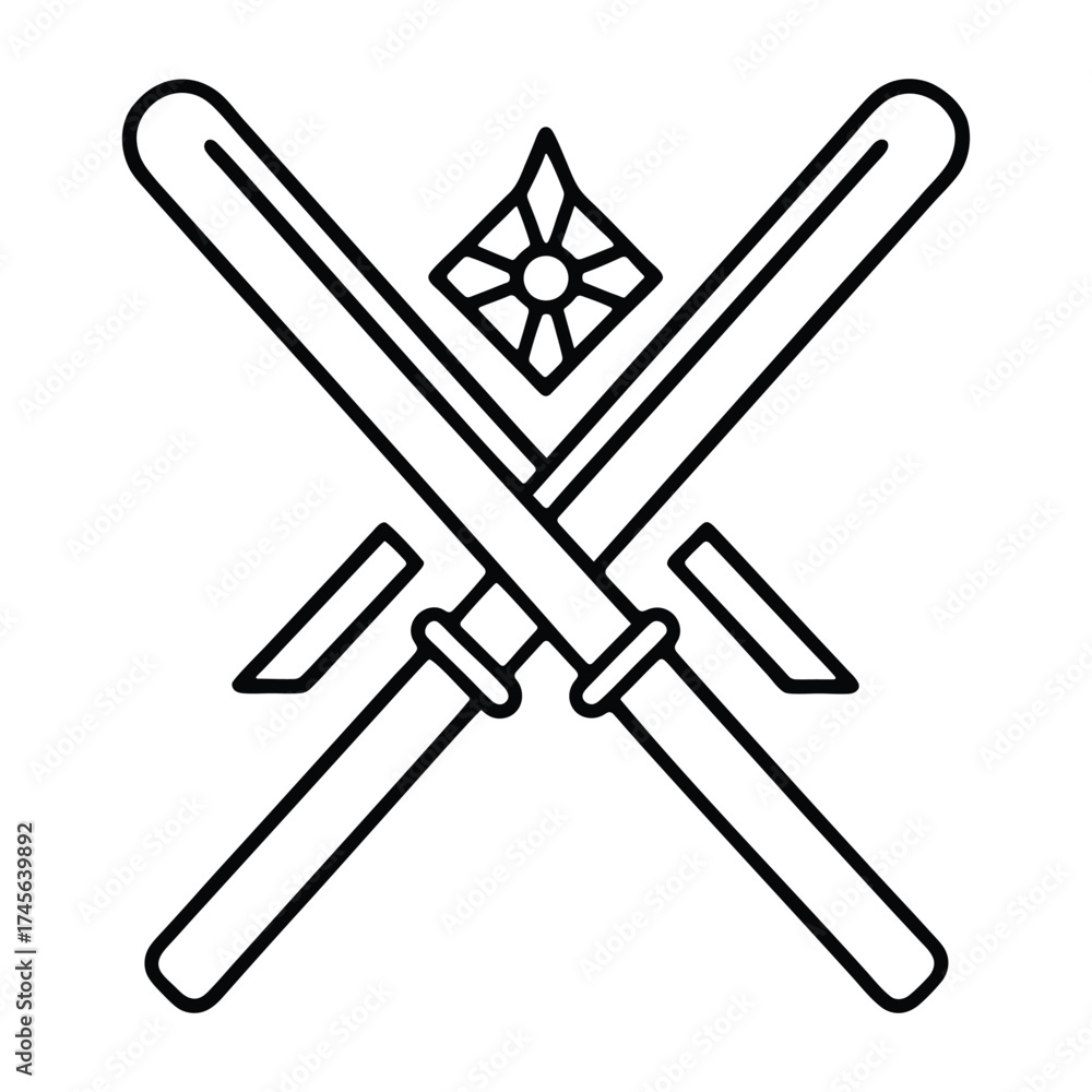 Naklejka premium Stylized black and white line art illustration of crossed samurai swords and ninja star emblem