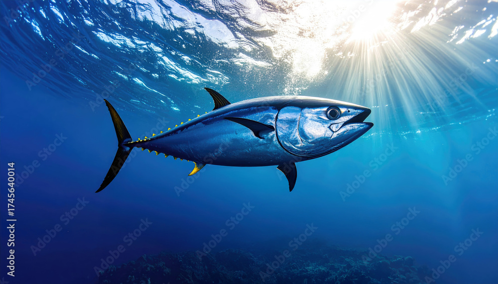 Fototapeta premium Majestic Tuna Swimming in Clear Blue Ocean Under Bright Sunlight