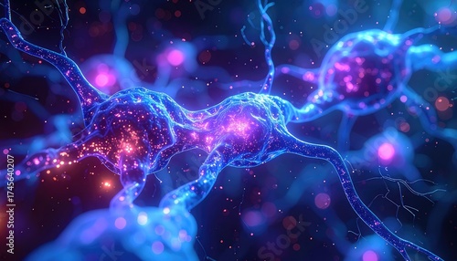 Glowing, intricate illustration of neurons with synapses and cellular activity
