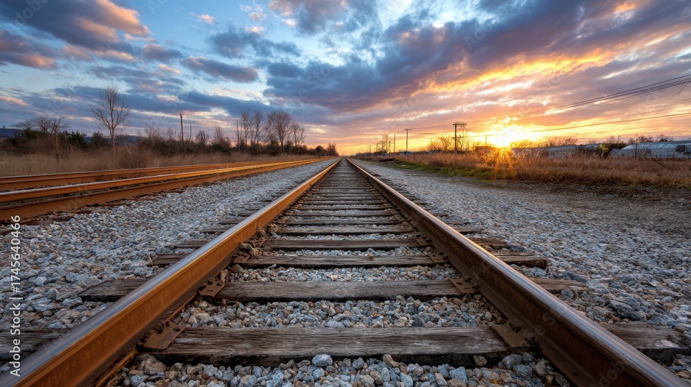 Obraz premium empty train tracks leading into horizon, golden sunset, hope and movement, simple and emotional