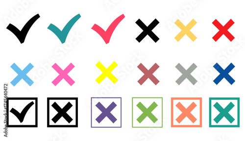Vibrant checkmarks and crosses in various colors offer clear visual choices for decision making, surveys, and data organization.