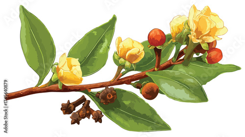 Cloves Flower Branch with Buds and Spice Vector Illustration