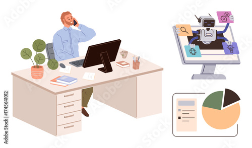 Professional seated at desk with computer, interacting with AI tasks on screen. Includes charts and files. Ideal for technology, data, innovation, office productivity, business strategy, research