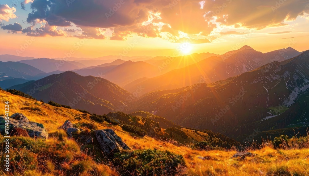 Fototapeta premium Golden sunset bathes mountain ranges, illuminating valleys with warm light and colors
