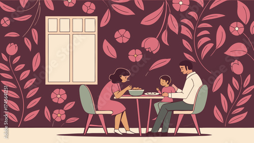 Family dinner scene in room with 3D floral wallpaper showing love, unity and togetherness 