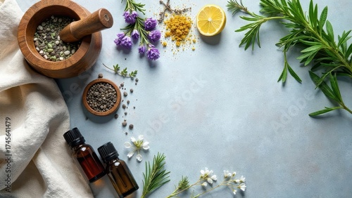 Aromatic Herbs, Spices, and Essential Oils Arranged on a Light Blue Surface