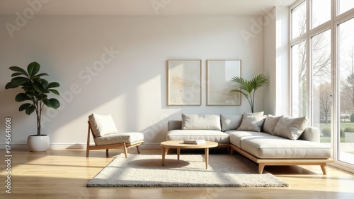 Serene Minimalist Living Room Design with Light-Colored Sofa and Wooden Accents