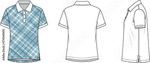 Men’s short sleeve plaid polo shirt front back side views, collar button placket casualwear fashion flat sketch, technical apparel drawing, cad drawing flat vector illustration