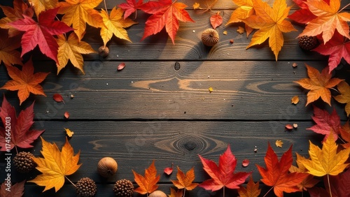 Autumnal foliage arranged on rustic wooden surface creates a vibrant seasonal design