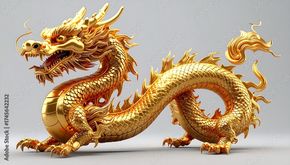 Fototapeta premium Golden dragon statue, 3D render