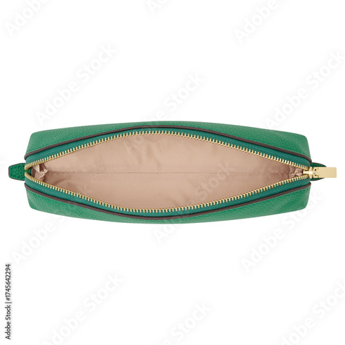Top down view of open green leather cosmetic bag with zipper