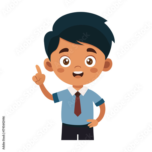 Young boy wearing a school uniform points upwards with idea