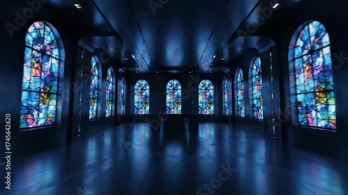 A long, dark hallway with stained glass windows that illuminate a reflective floor.  The arched windows line the walls