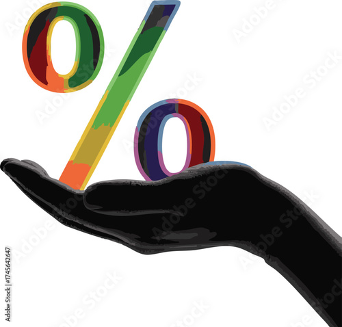 Colorful Percentage Symbol Held in a Black Hand on White Background