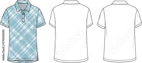 Men’s short sleeve polo shirt front plaid and back plain views, collar button placket fashion flat sketch, technical apparel drawing