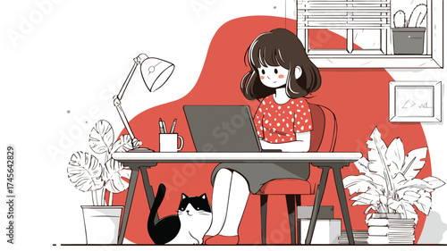 Cozy Home Office Scene with Cute Girl Working on Laptop and Cat