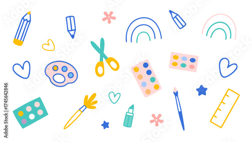 Flat colorful vector doodle icons of paintbrushes, palettes, scissors, color swatches, pencils. Vector set.
