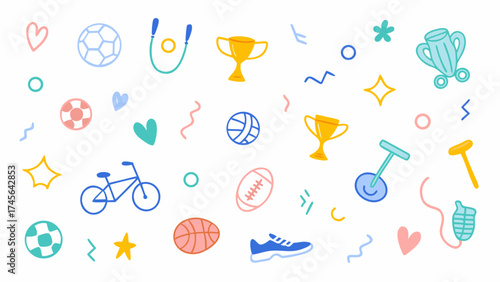 Flat colorful vector doodle icons of sports equipment — balls, rackets, dumbbells, bikes, sneakers, trophies. Vector set.