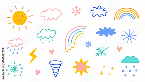 Flat colorful vector doodle icons of sun, clouds, rain, thunderbolt, snowflake, rainbow, wind. Vector set.