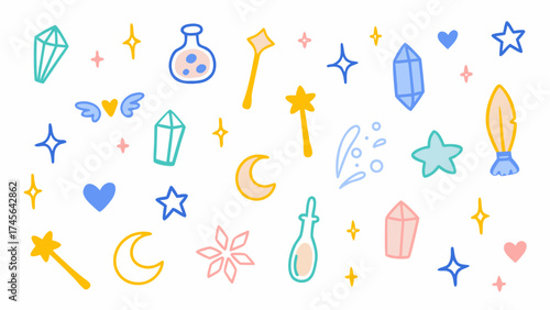 Flat colorful vector doodle icons of wands, potions, crystals, moons, stars, fairy wings. Vector set.