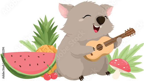 Cheerful Singing Wombat Enjoying Summer Fun with Cute Pineapple Watermelon Illustration