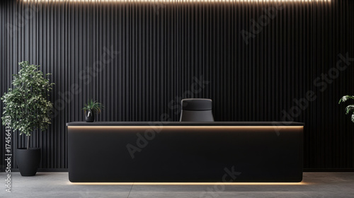 Sleek black reception counter mockup with LED strip lighting modern interior design lobby contemporary visitor corporate business workspace decor
