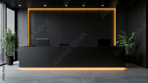 Sleek black reception counter mockup with LED strip lighting modern interior design lobby contemporary visitor corporate business workspace decor