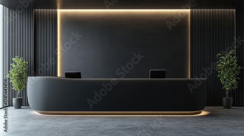 Sleek black reception counter mockup with LED strip lighting modern interior design lobby contemporary visitor corporate business workspace decor