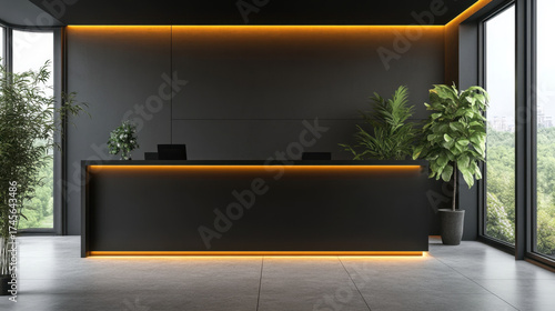Sleek black reception counter mockup with LED strip lighting modern interior design lobby contemporary visitor corporate business workspace decor
