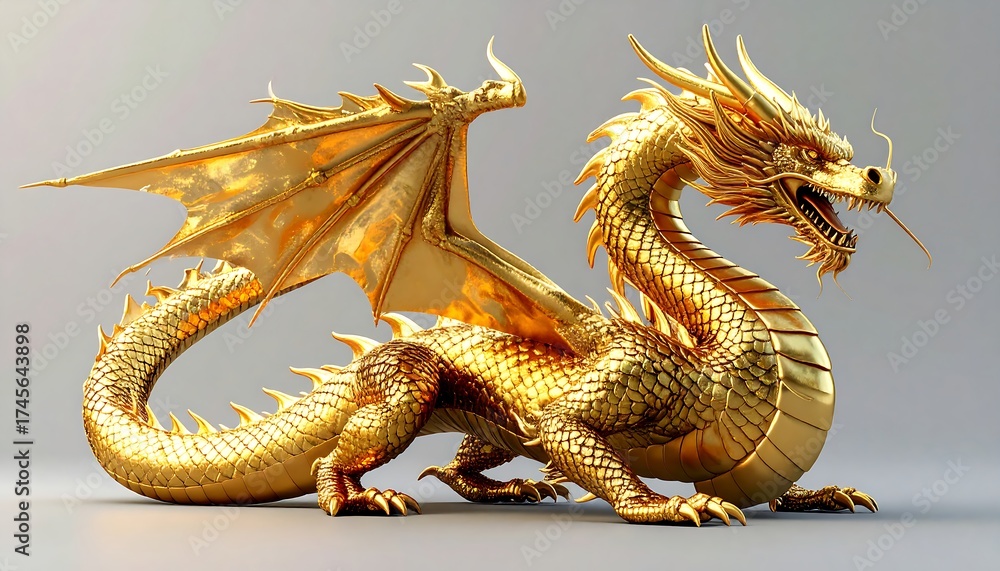 Fototapeta premium Golden dragon statue against gray backdrop
