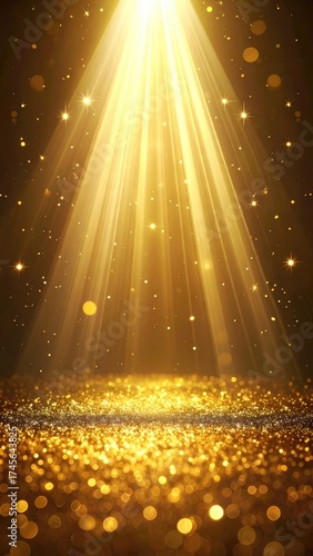 Dazzling golden spotlight shines on a sparkly, glittering surface