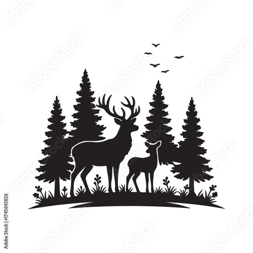 Deer Family Silhouette in Forest Landscape