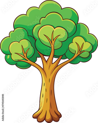 Vibrant cartoon tree with lush green leaves and thick woody trunk